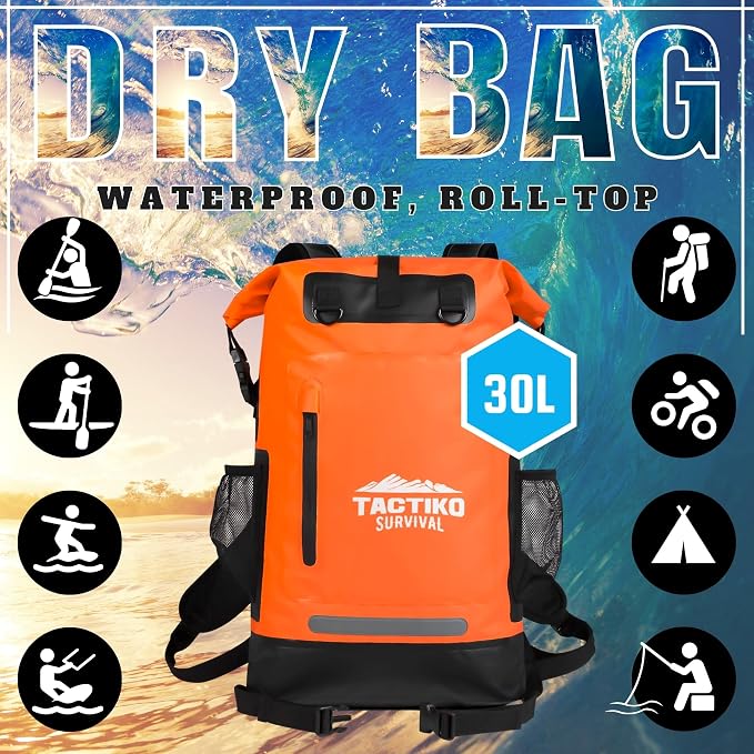 TACTIKO 35L Heavy-Duty 100% Waterproof Backpack, Roll Top Dry Bags for Kayaking, Hiking, Camping, Survival