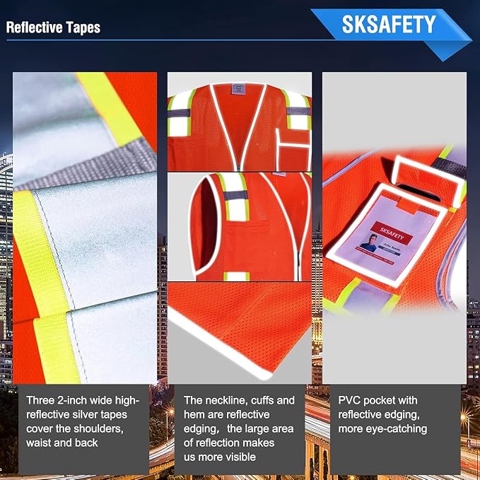 SKSAFETY 10/12 Pockets Safety Vest - Class 2 High Visibility Security with Zipper Double-sided mesh, Hi Vis Vest with Reflective Strips, ANSI/ISEA Standard, Construction Work Vest （Orange）