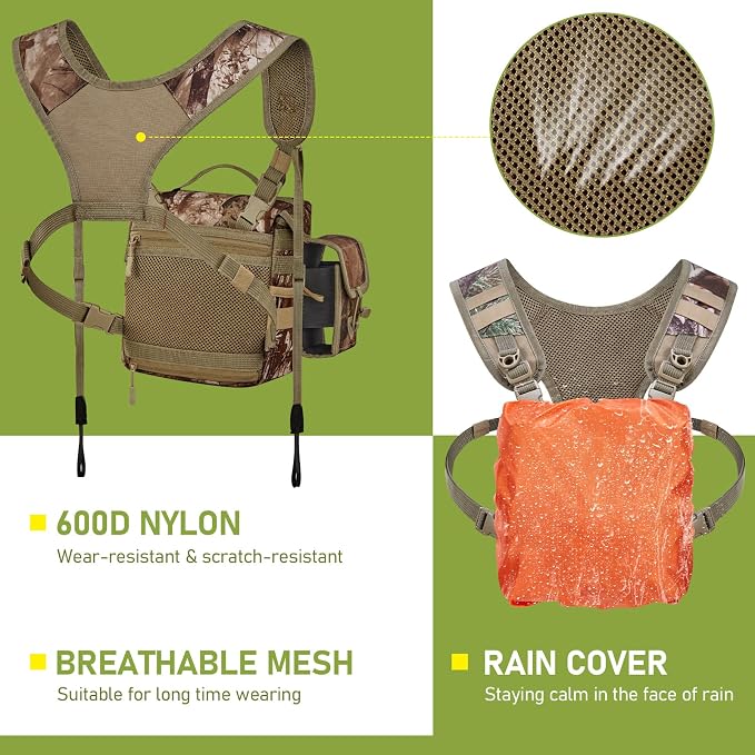 Binocular Harness Chest Pack with Rangefinder Pouch, Bino Harness with Rain Cover for Hunting
