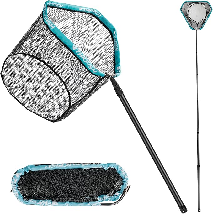 THKFISH Carbon Fiber Fishing Net - Long Handle, Portable Telescopic Landing Net - 27 to 157.5 Inch - Aluminum Mesh Frame Rubber Coated