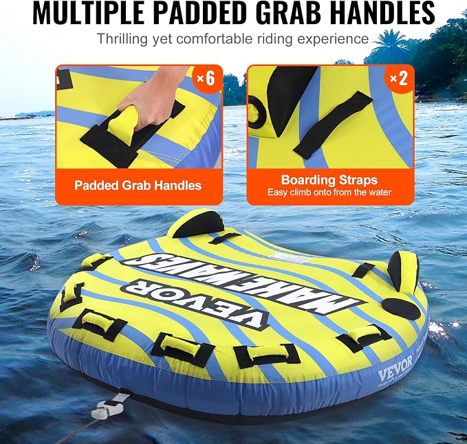 VEVOR Towable Tubes for Boating, 1-4 Riders Inflatable Boat Tubes & Towables, 340-680 lbs Capacity, Multiple Sizes with Full Nylon Cover, Padded/EVA Handles, Fins & Safety Valve (Multi-Option)