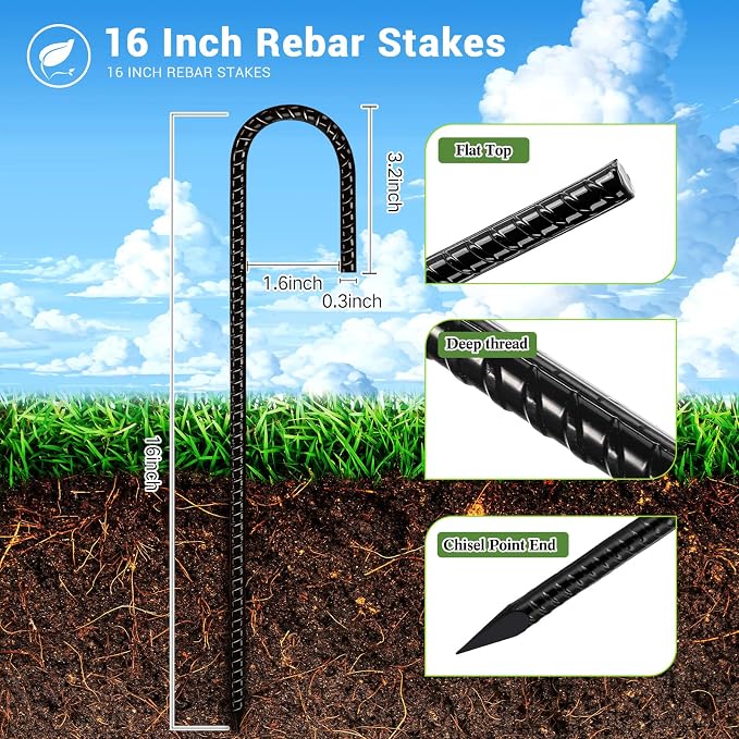Gisafai 40 Pcs 24 Inch J Hook Rebar Stakes, Garden Ground Stakes Heavy Duty Tent Stake Ground Anchors Steel Plant Support Stake Long Straight Metal Spikes with Chisel Point End for Concrete Timber