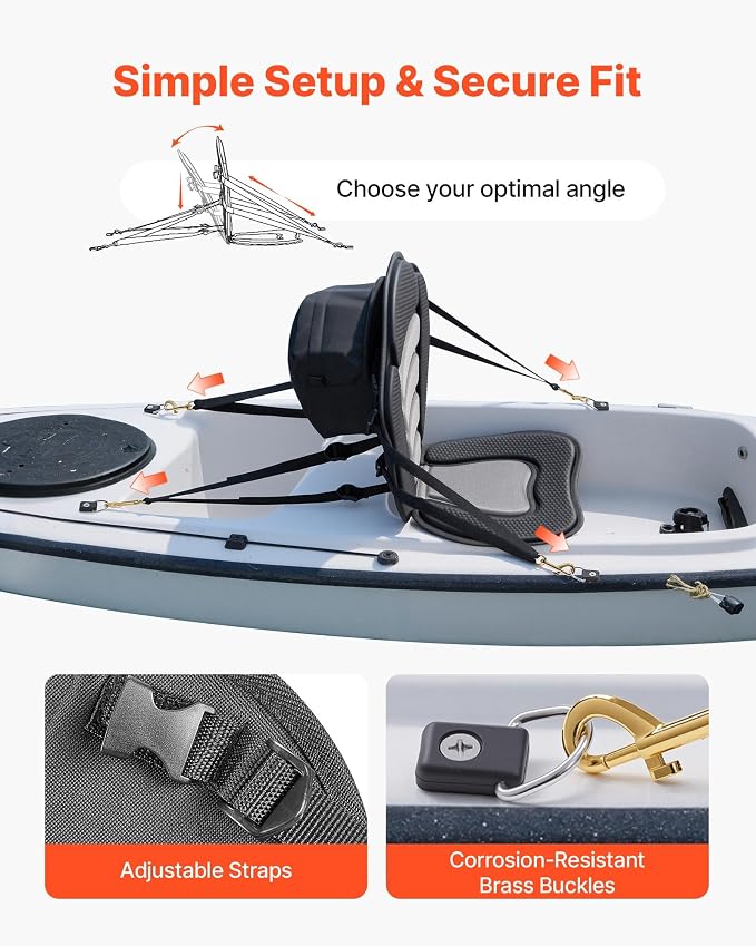 VEVOR Kayak Seat, Universal Paddle Board Seat with Adjustable Back Support, Multiple Thickness Options (0.5” to 2.6”), Soft Padded Cushion & Storage Bag for SUP, Canoe, Fishing Boat, Inflatable Kayak