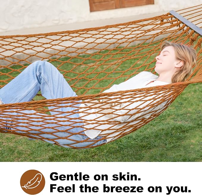 GAFETE 12ft Family Hammocks, Handwoven Traditional Cotton Rope Hammock with Hardwood Spreader Bar, Chains and Hooks for Indoor Outdoor, Max 450 lbs Capacity (Coffee Brown, Large)