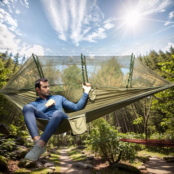 Camping Hammock, Portable Hammocks with Mosquito Net, Hammock Tent for Outside Hiking Travel Camping Gear Must Haves (Green)