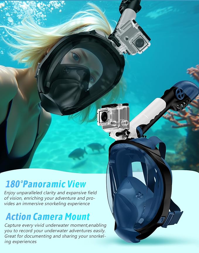 Full Face Snorkel Mask for Adults, 218° Panoramic Anti-Fog Snorkeling Gear with Dry Top System & Camera Mount, Foldable Anti-Leak Design for Travel, Swimming & Ocean Snorkeling