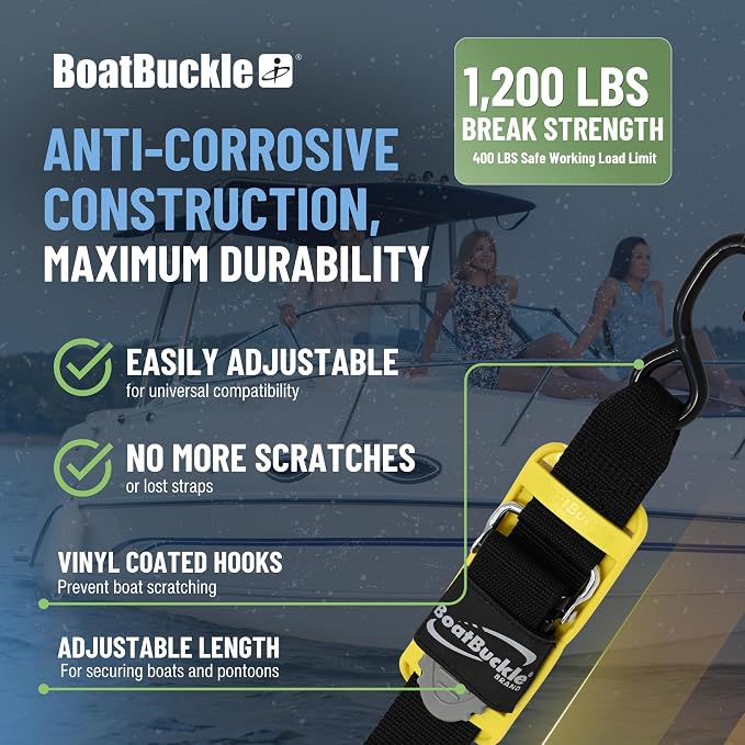 BoatBuckle's Pro Series Kwik-Lok Boat Tie Down Straps to Trailer with Boat Pads, 2-Pack Easy to Use Adjustable Transom Tie Down Straps, 2-Inch x 6-Feet, 1,200 Lbs Break Strength