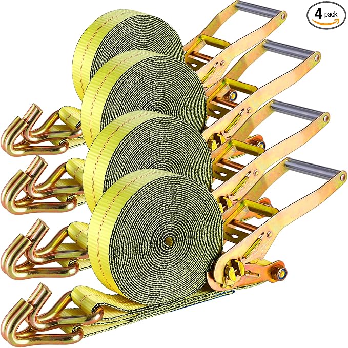 TLGREEN 4 Pack 2 in x 27 FT Double J Hook Ratchet Straps (11,000 lbs Break Strength), Heavy Duty Tie Down Straps for Trucks(Yellow)