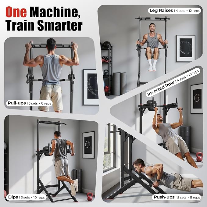 Sportsroyals Power Tower Pull Up Bar Station, 450LBS Stable Pull Up Dip Station for Home Gym Strength Training Equipment | FED Fitness