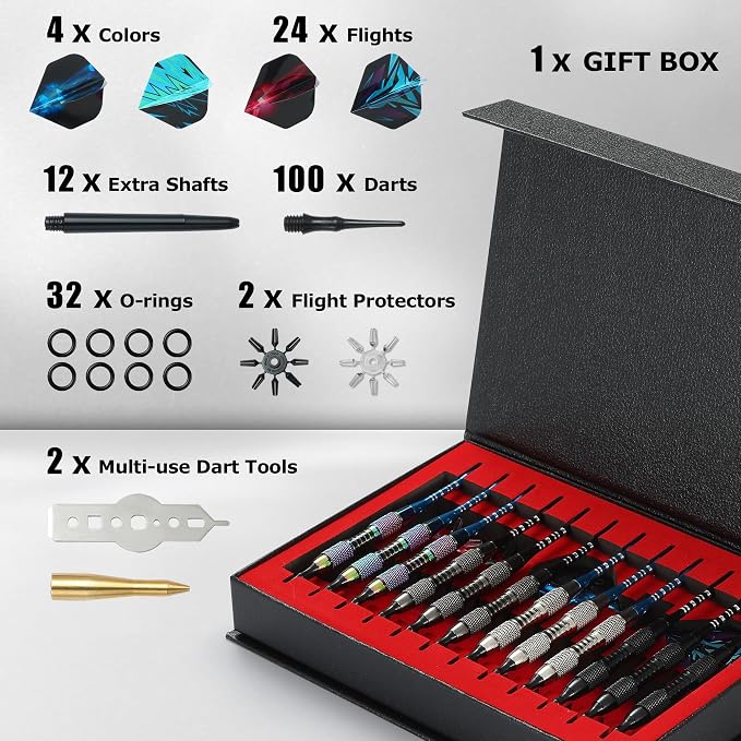 Soft Tip Darts Set with Gift Box Dart Case Professional Darts Plastic Tip with 100 Dart Tips 12 Shafts 24 Flights Tool Kit Flight Protectors for Electronic Dart Board