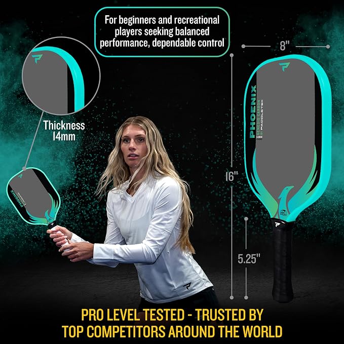 Paddletek Phoenix Genesis Carbon 14mm Pickleball Paddle – Textured Carbon Fiber Pickleball Paddle with Polypropylene Honeycomb Core – USAPA Approved – Balanced All-Court Performance – 5.25" Handle