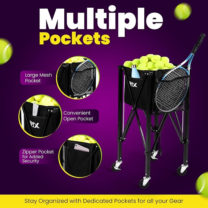 Tennis Ball Cart | Pickleball Ball Hopper | 150 Ball Capacity | Multiple Storage Pockets | Carrying Bag | Sturdy Pickleball Cart with Wheels | Ball Caddy for Practice & Training