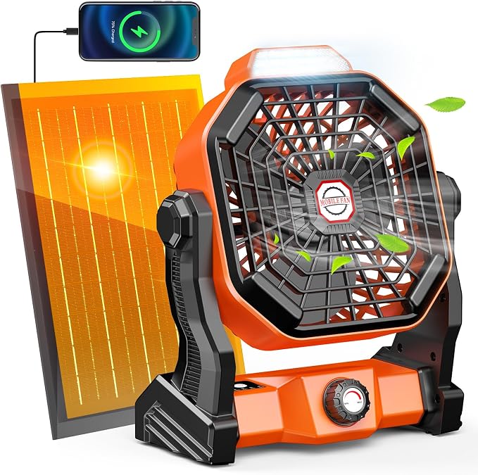 Solar Powered Fan,【Max 40H Runtime】Rechargeable Solar Camping Fans & Led Lantern,8-inch Portable Fan with Solar Panel,Battery Operated Powered Outdoor Tent Fans for Camping Essentials Accessories
