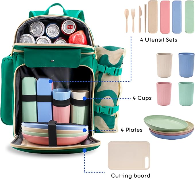 J World Picnic Backpack Cooler for 4. Insulated Picnic Basket Set with Folding Waterproof Blanket. Beach Camping Wedding Engagement Gift for Couples, Green