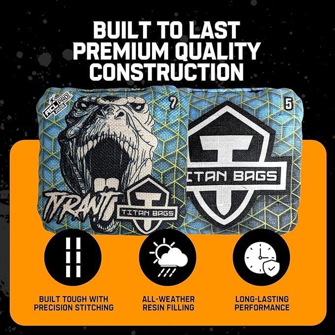 Titan Bags Tyrant Cornhole Bags – Regulation Cornhole Bean Bag with Linen Grip for Strategic Drag Shots, All-Weather Power Grip Pellets for Indoor and Outdoor Tossing