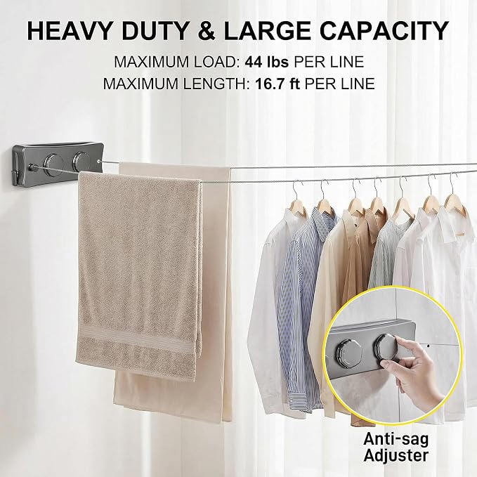 Retractable Clothesline Indoor Outdoor Clothes Line | Heavy Duty 44 lb Clothes Drying Laundry Line | Wall Mounted Double Clothing Line 16.7 ft | Non-Sagging Easy Install for Courtyards