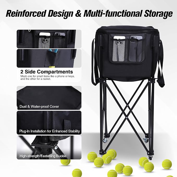 Portable Tennis Ball Hopper Holds 180 Balls, Tennis Ball Basket Cart with 4 Wheels & Brakes, Detachable Oxford Fabric Bag for Tennis and Pickleball Training, Black