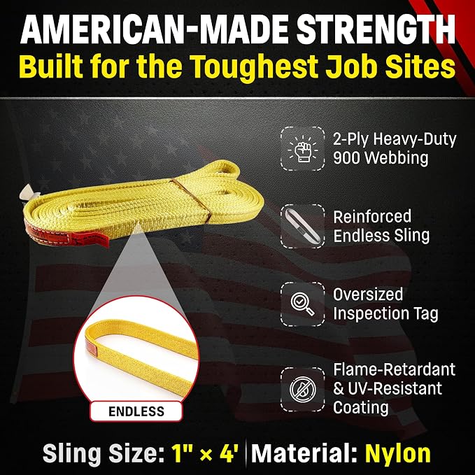 DD Sling 1" x 4' Nylon Endless Lifting Sling – USA Made, 6,400 lb Vertical, 5,100 lb Choker, 12,800 lb Basket – 2 Ply Heavy Duty 900 Webbing, Type 5 Endless Rigging Sling