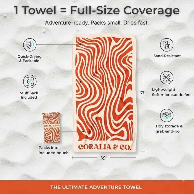 Coralia & Co. Large Microfiber Beach Towel - Quick Dry, Sand-Free, Lightweight with Convenient Storage Pouch (Coral Waves)