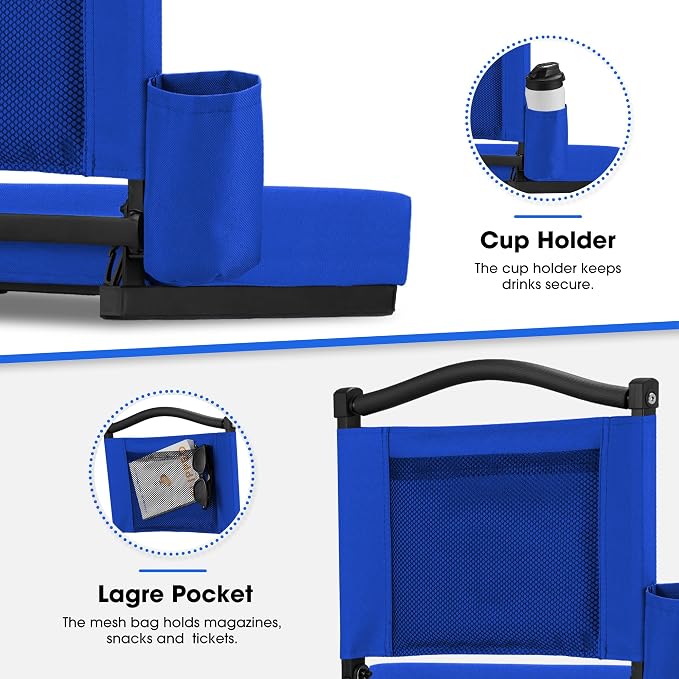 Fragess Bleacher seat, Stadium Seats with Back Support and Thick Cushion, Bleacher Chairs with Shoulder Strap and Side Pocket, Stadium Seat for Bleachers, Perfect for Sports Events(Blue)