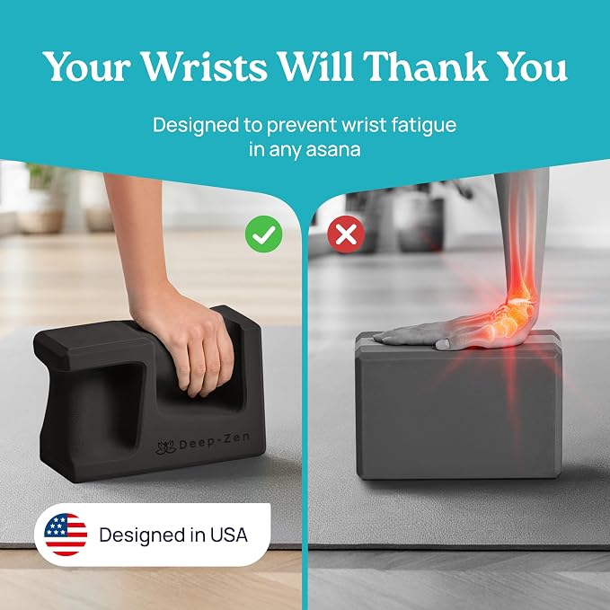 PRO Yoga Blocks | Ergonomic Yoga Block 2 Pack for Wrist Comfort and Support | EVA Foam Exercise Blocks, 2x Knee Pads & Yoga Strap | Pilates Block Set | Bricks to Eliminate Wrist Pain