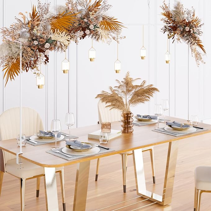 XLHOMO Over The Table Rod Stand with Clamps, Adjustable 32''-79'' Tall 32"-131" Length, White Table Arch Stand Metal Balloon Frame Hanging Rod for Weddings Birthdays Party Garden Arbors Decoration