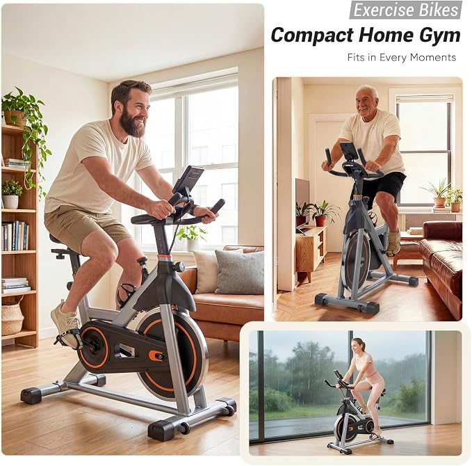 OLIXIS Exercise Bike with APP Control, Brake Pad Stationary Bikes with Quiet Magnetic Resistance, Indoor Cycling Spin Workout Bike with 300.0 lbs Weight Capacity,Orange/Red/Blue