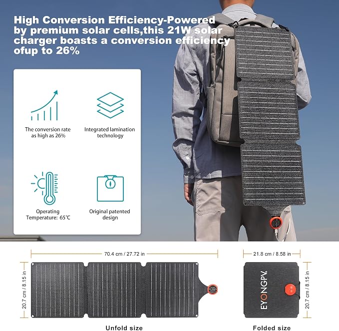 EYONGPV 21W Portable Foldable Solar Panel & Solar Charger with Croc-Eye USB-C PD Fast Charging Output, IP67 Waterproof Compact Solar Charger for Phones, Power Banks, Camping, Hiking, Backpacking