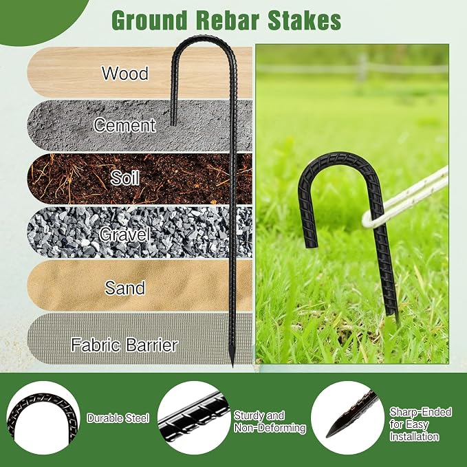 Gisafai 40 Pcs 24 Inch J Hook Rebar Stakes, Garden Ground Stakes Heavy Duty Tent Stake Ground Anchors Steel Plant Support Stake Long Straight Metal Spikes with Chisel Point End for Concrete Timber