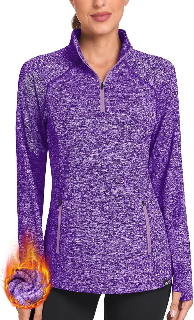 Soneven Women's Thermal Fleece Running Shirts Warm Winter Pullover Cold Weather Workout Hiking Tops with Thumb Holes Pockets