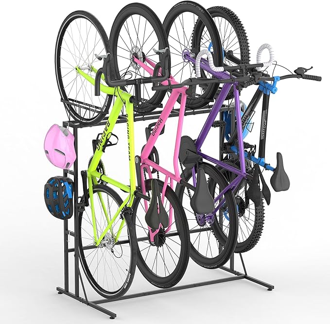 YBING Freestanding Bike Rrack Garage - 4 Bikes Vertical Bike Storage Stand, Floor Stand Bike Racks for Home and Garage Organizer, Indoor, Outdoor