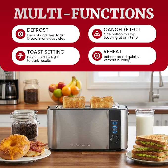 Elite Gourmet ECT3200 2-Slice, 1 Long Slot, Slim Toaster, Reheat, 6 Toast Settings, Defrost, Cancel Functions, Built-in Warming Rack, Extra Wide Slots for Bagels Waffles, Stainless Steel & Black