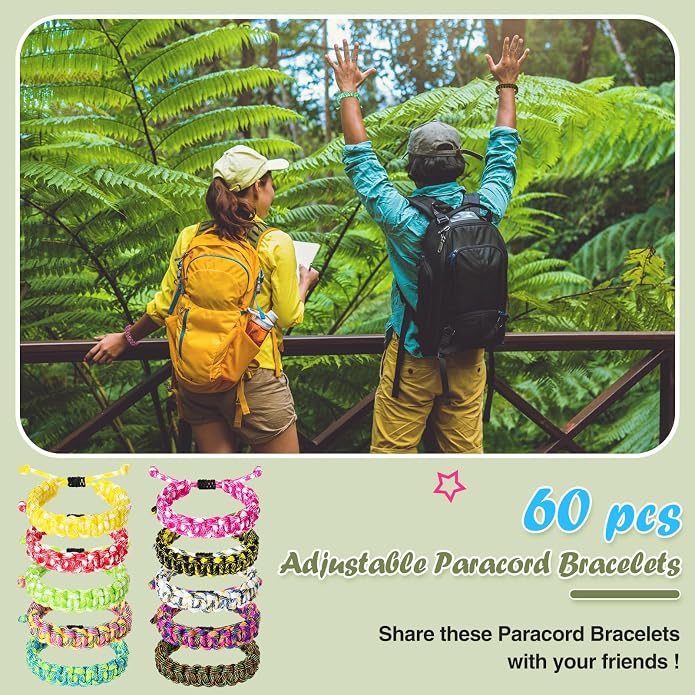 Crowye 60 Pcs Adjustable Paracord Bracelets for Men Bulk Survival Friendship Tactical Braided Bracelets Camo Parachute Cord Wristbands Camping Party Outdoor Climbing Gift