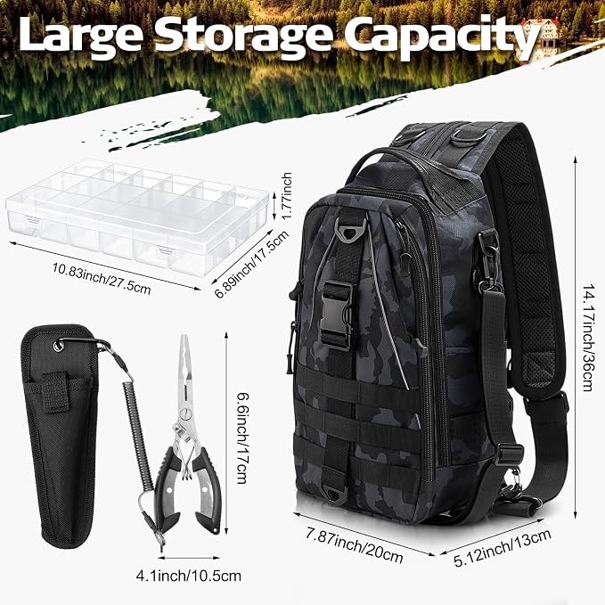 RoundFunny 85 Pcs Fishing Backpack with Tackle Boxes, Tackle Sling Bag with Rod Holder, Fish Lures and Pliers, Fish Tools Gears & Equipment Father's Day Fishing Gift for Dad Men