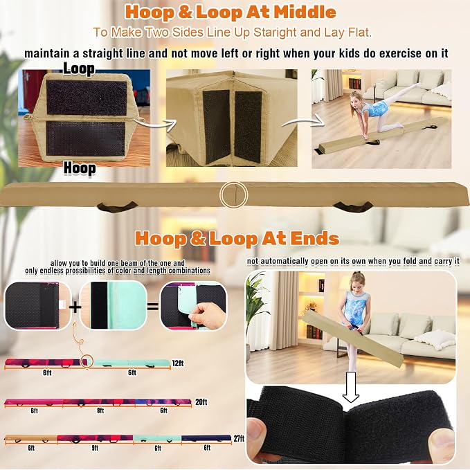 MARFULA 6 FT / 8 FT / 9 FT Folding Gymnastics Beam Foam Balance Floor Beam - Extra Firm - Suede Cover - Anti Slip Bottom with Carry Bag for Kids/Adults Home Use
