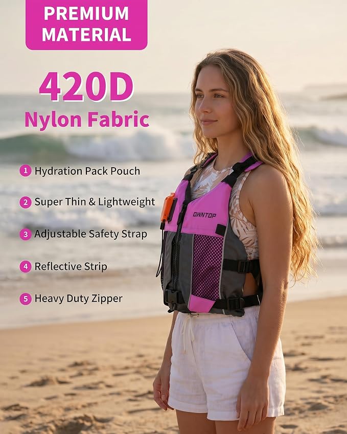 Owntop Swim Jacket Adult Youth | Hydration Pack | Dual Mesh Pockets | Attached Whistle | Ultra-Thin for Freer Movement | Kayak, Boating, Fishing, All Watersports