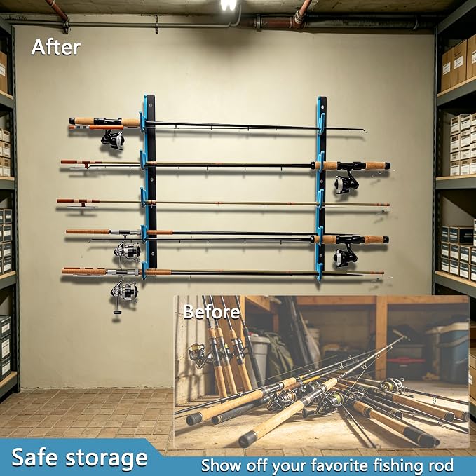 Fishing Rod Holders & Pole Holders for Garage, Wall Mounted Metal Fishing Rod Storage Organizer Rack Holds Up to 6/10/12/20 Rods or Combos, Suitable for Catfish Fishing Gear