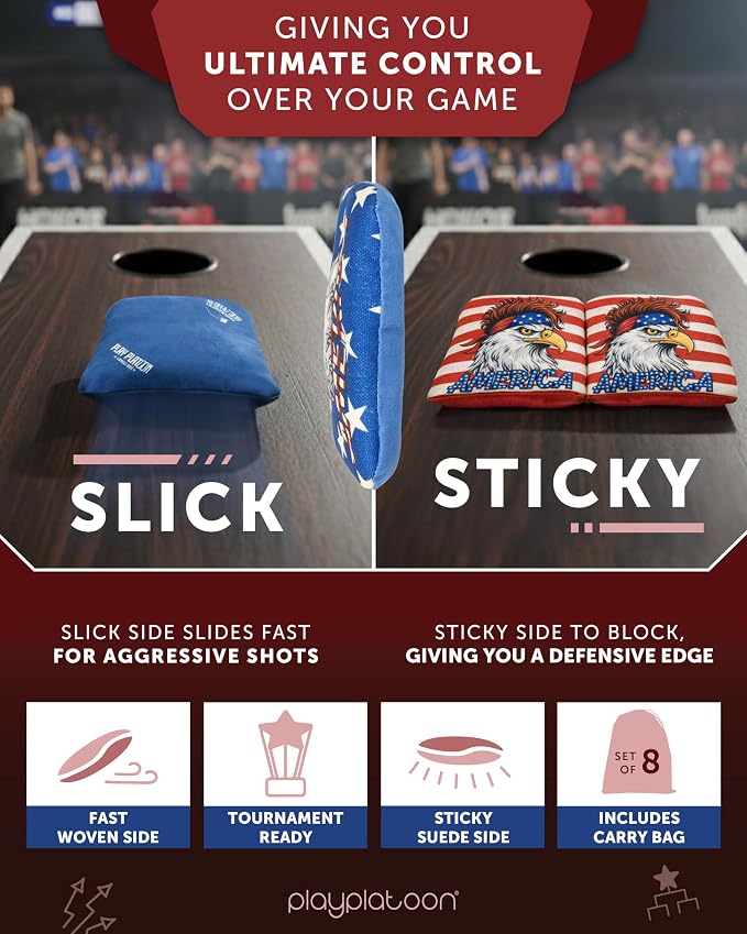 Play Platoon Pro Cornhole Bags Set of 8 - Professional Dual Sided Slick and Sticky Side Competition Corn Hole Bags - Tournament Series