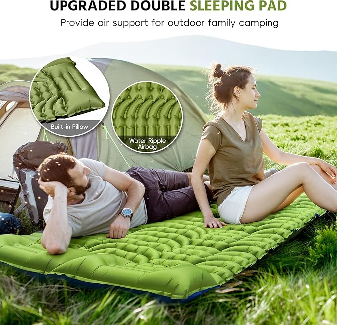 Double Sleeping Pad for Camping, Self Inflating 4" Extra Thick Camping Sleeping Pad for 2 Person with Pillow, Built-in Foot Pump, Portable Sleeping Mat for Backpacking, Hiking, Travel Tent