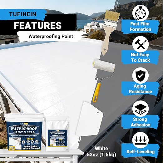 Rubber Liquid Waterproof Sealant, TUFINEIN 53oz/1.5kg White Quick Drying Multi Surface Foundation Leak Repair - Roof Gutters Basement Sealer Waterproof - Indoor & Outdoor Flexible Rubber Paint