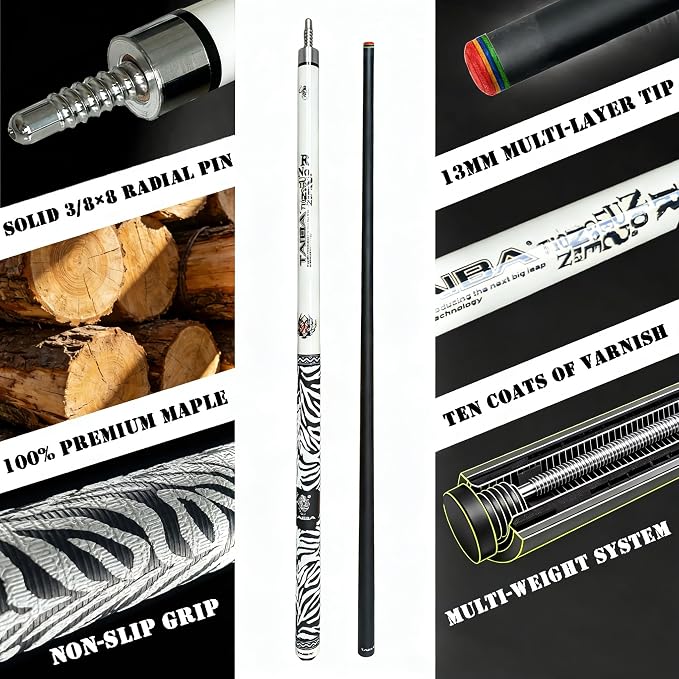 Tai ba cues 2-Piece Pool Stick Linen Wrap, 13mm Multilayer Leather Tip, 58", Hardwood Canadian Maple Professional Billiard Pool Cue Stick 18, 19, 20, 21 Oz (Selectable)