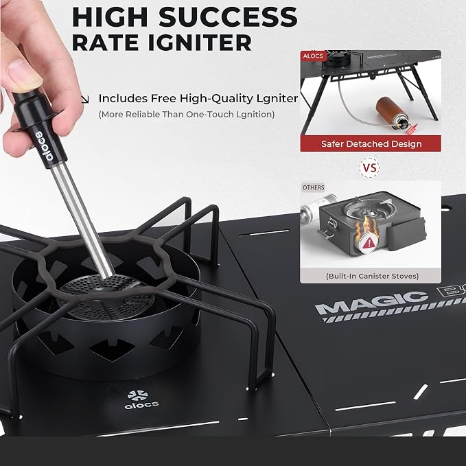 Alocs Camping Gas Stove, IGT Camp Table with Outdoor Stove, Folding Picnic Table with Portable Solo Stove, Carrying Bag, for Beach, Grilling, Hiking, Fishing, Tailgating, Backyard