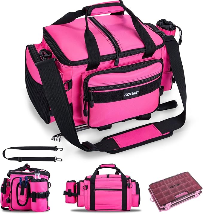 Goture Fishing Tackle Bag with 2PCS 3700 Tackle Boxes | 600D Water-Resistant, Rod Straps, Detachable Bottle Pouch, SBS Zippers, Freshwater & Saltwater Gear Storage Fishing Bag