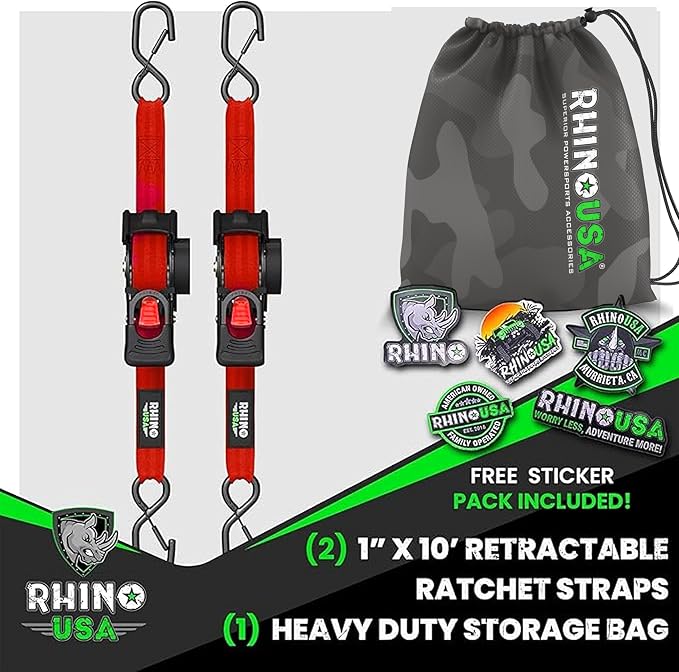 Rhino USA Retractable Ratchet Straps (2-Pack) - 1 Inch x 10 Feet (1,209lb Break Strength) - Auto Self Retracting Tie Down Straps for Truck, Cargo Trailer, Motorcycle, ATV, UTV - Red
