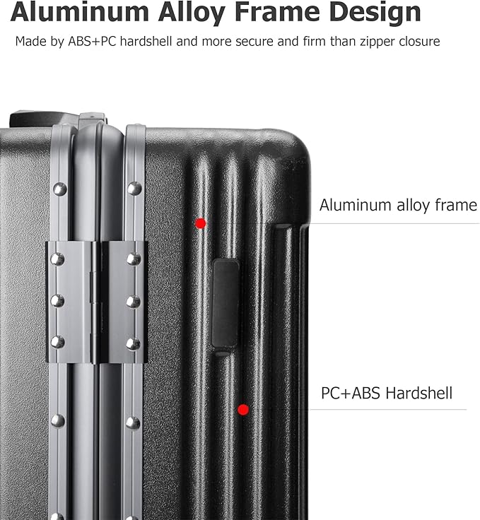 feilario Aluminium Frame PC Hard Shell Spinner Wheels Luggage,20.8"X15"X8.7 Airline Approved Built-In TSA lock Carry on Suitcase, with Cup Holder, USB Port, Phone Holder