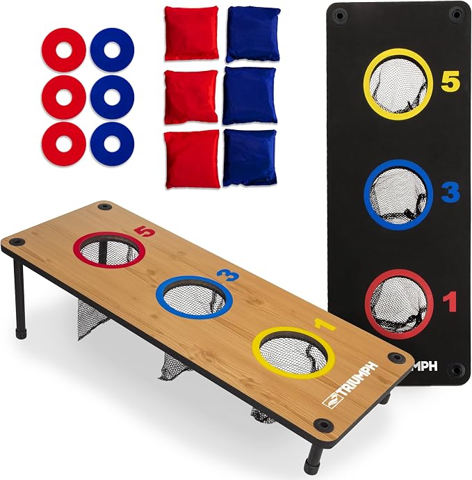 Triumph Sports 2-in-1 Bean Bag Toss Board Set with Washers & Bean Bags for Tossing, Dual-Sided Boards Feature Multi-Colored Targets & On-Board Scoring – Perfect for BBQs, Tailgating & Parties