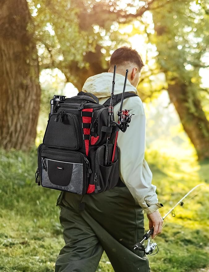 Piscifun Fishing Backpack with 2 Rod Holders & 4 Tackle Boxes, Large Tackle Storage Bag With Rain Cover for Fishing Gear