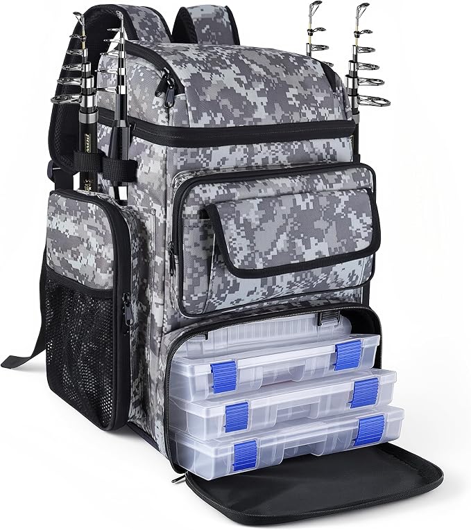 Fishing Tackle Backpack With Rod Holders,45L Large Tackle Bag & Fishing Tackle Backpack for Fishing,Camping, Hiking,Camouflage Gray White