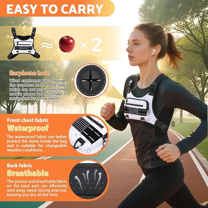 Muserise Sports Chest Bag For Men Women, Water Resistant Lightweight Front Chest Pack, Running Vest Bag With Built-In Phone Holder & Extra Storage For Workouts, Running, Cycling (White)