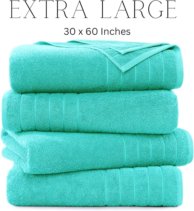 Casa Platino 100% Cotton Bath Towels Set of 4 (30"x60") - Ring Spun Mercerized Cotton Bathroom Towel Set - Quick Dry, Soft & Absorbent Large Bath Towels - Holds Well After Multiple Washes - Aqua Sky